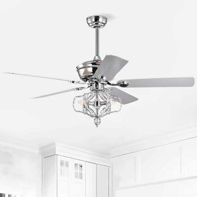 Crystal Ceiling Fan With Lights Fandelier Chandelier Reversible Blades 3 Wind Speeds Remote Control For Bedroom Living Dining Room Chrome 52 Inch