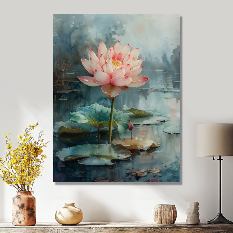 Rose, rose, vert, sacré, fleur, salon, lotus, H 12 po x l 20 po, Toile tendue