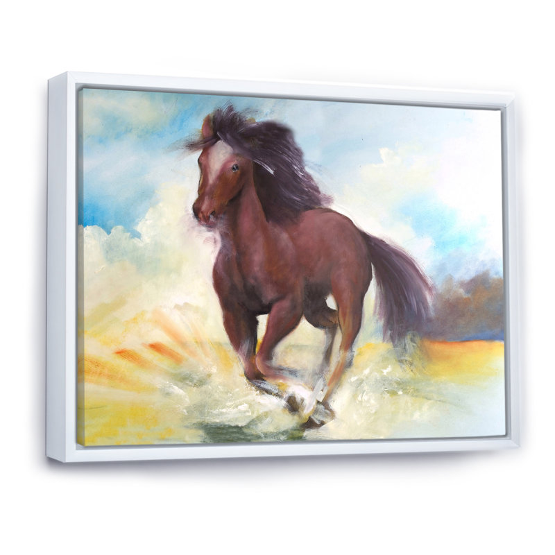Cheval brun galopant - peinture sur toile, H 30 po x l 40 po, Cadre flottant blanc