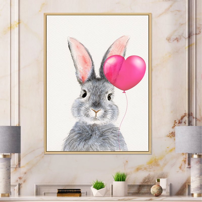 Lapin gris moelleux avec ballon cœur rose - reproduction sur toile, H 32 po x l 24 po x P 1 po, Cadre flottant en érable