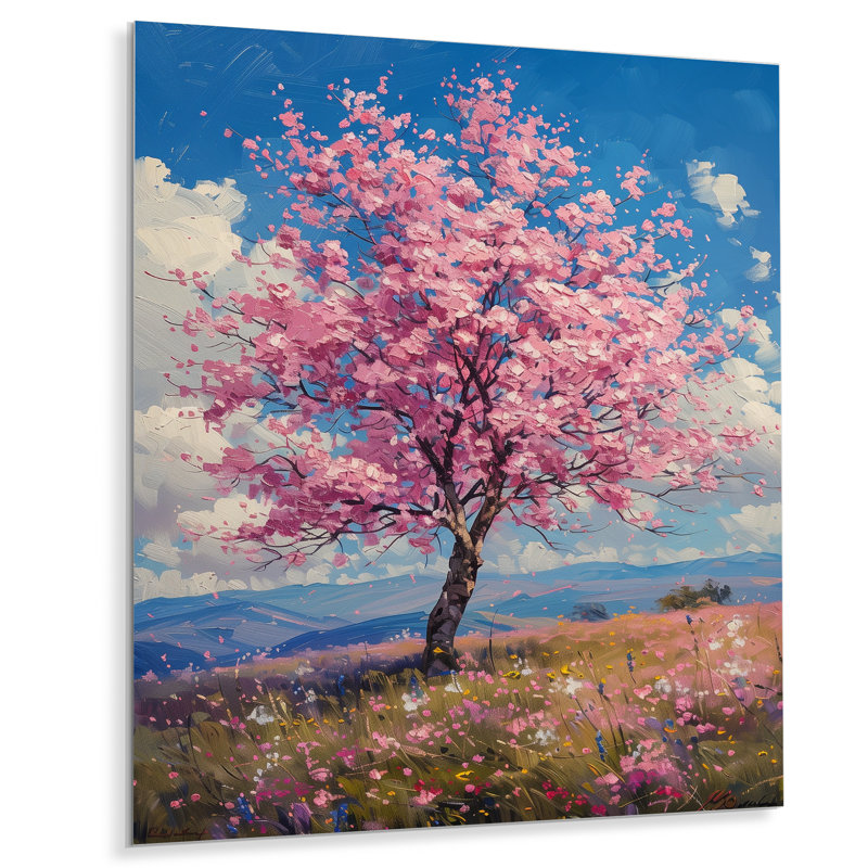 Décoration florale de cerisier rose bleu - III, Métal métal, H 44 po x l 34 po