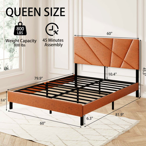 Ebern Designs Antique Brown Queen Size Bed Frame, Modern Upholstered ...