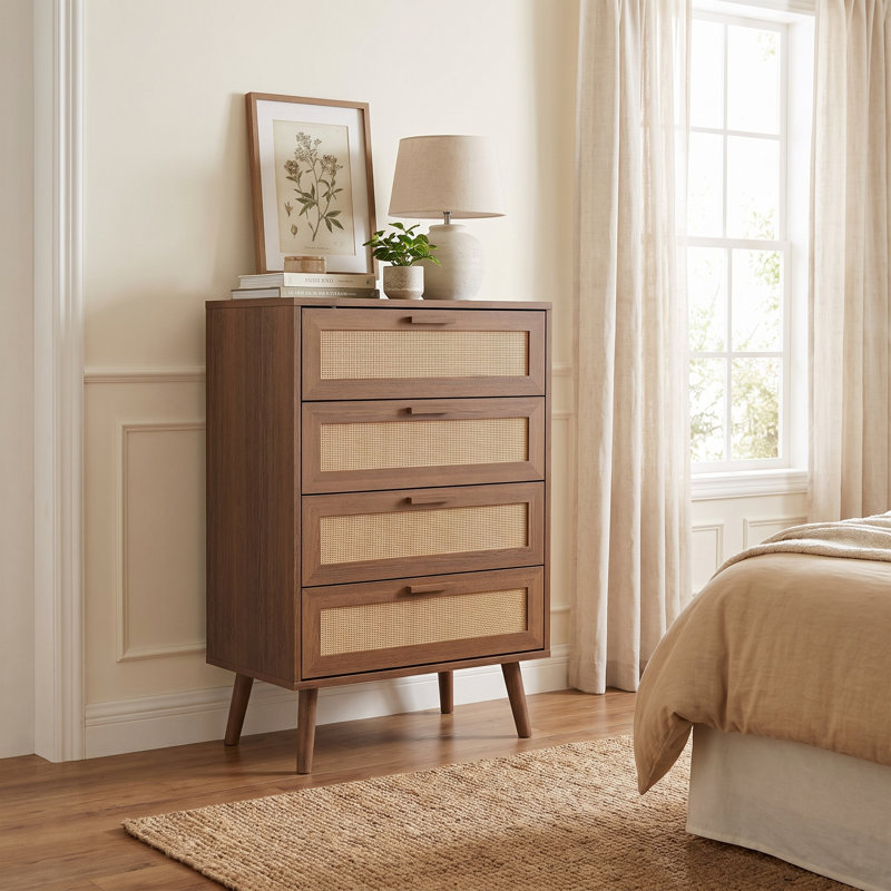 Commode 4 tiroirs avec pieds en bois massif, Noyer clair