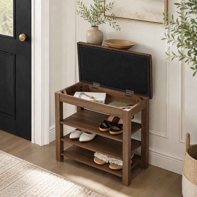 Banc à chaussures en bois réglable en hauteur avec rangement dissimulé et siège confortable en cuir PU, idéal pour les petits appartements