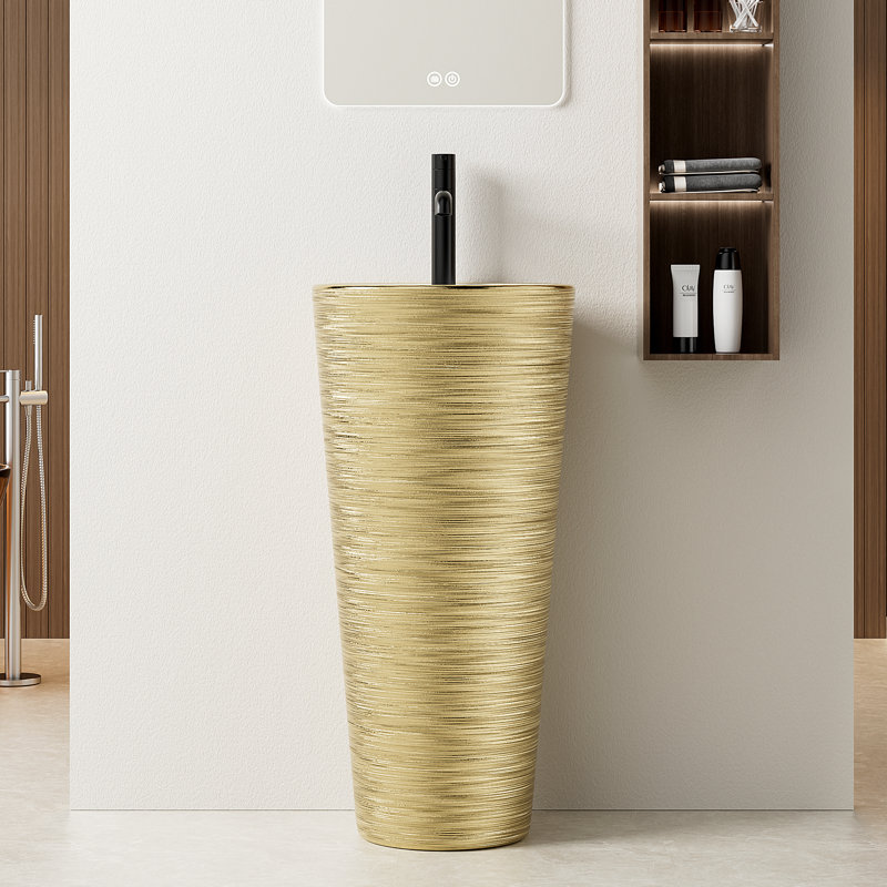 Contemporary 33＂Tall Circular Pedestal Sink, One-Piece Vitreous China Modern Pedestal Sink With Overflow For Bathroom, Gold