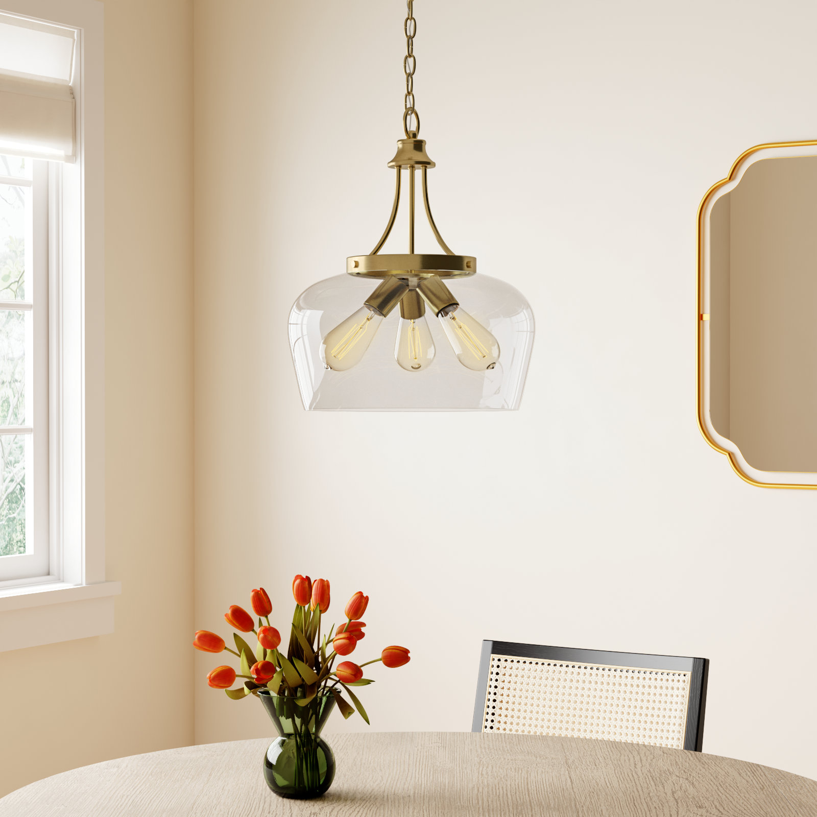 Breena Dimmable 3-Light Pendant, Warm Brass, Clear