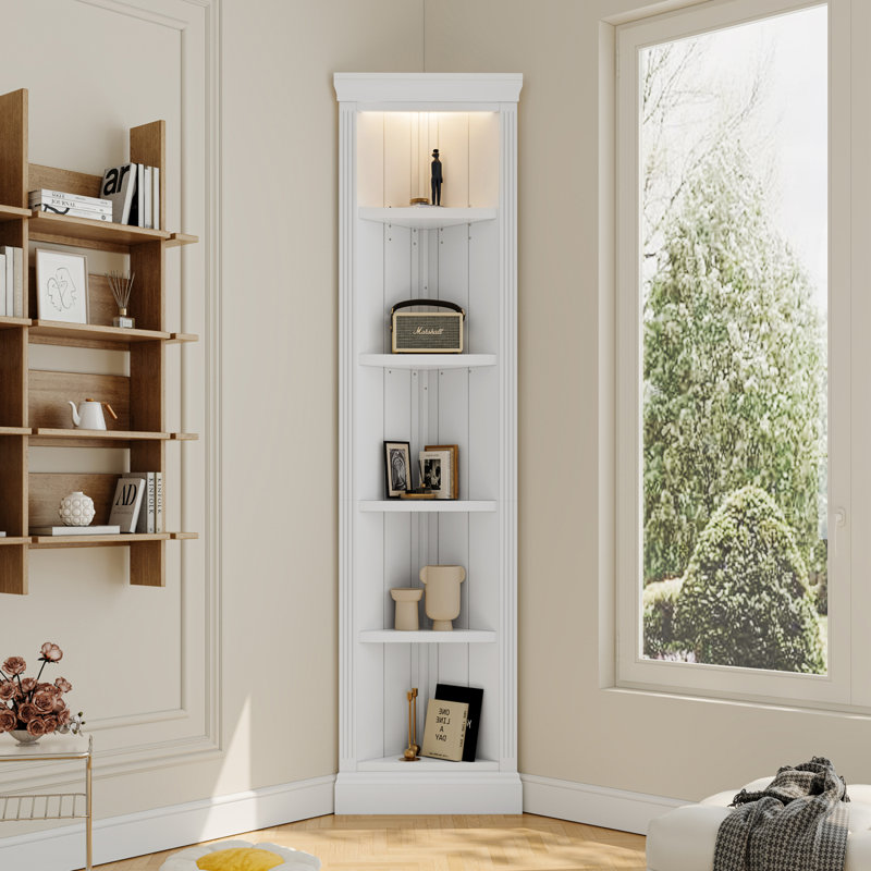 Étagère d'angle moderne de 83,4 po de hauteur, bibliothèque d'angle à 5 niveaux avec éclairage à DEL, étagère de rangement sur pied, présentoir de plante à angle ouvert pour le salon, coin mural, bureau à domicile