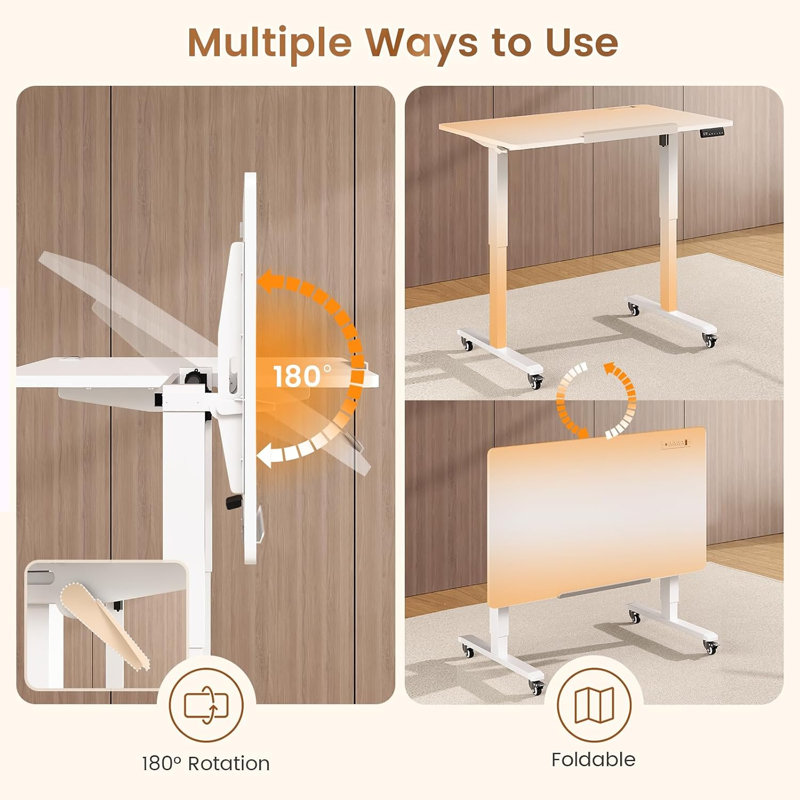 Electric Standing Desk, 180° Tiltable Mobile Rising Computer Desk Height Adjustable with Wheels for Drawing/Writing/Gaming/Study/Home Office/Small Space, White