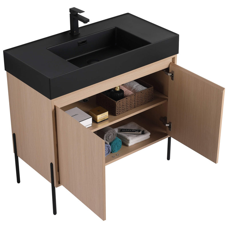 Meuble-lavabo Yordana de 36 po de largeur Ebern Designs, Noir, noir, noir, noir, Chêne blanc