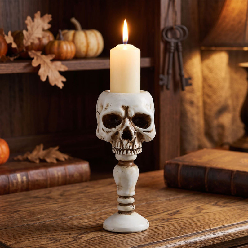 Décoration d'Halloween : Bougie en résine antique en forme de crâne, gobelet gothique en forme de crâne, bougeoir décoratif de table.