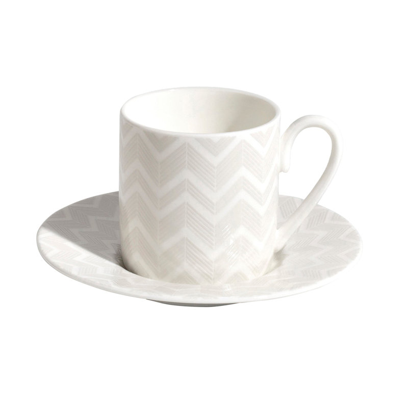 Missoni Coffee Cup & Saucer ZIG ZAG Set in Luxury Box White diam. 2.3in, H 2.5in, Cap. 4 oz, Saucer diam. 4.75in, Set of 2