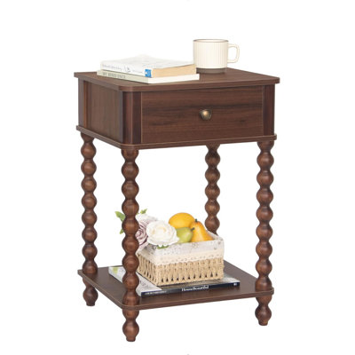 Small End Table with Storage for Living Room Wood Bedside Table with Spindle Wood Legs, Side Table with Drawer and Open Shelf for Bedroom, Office, Wal
