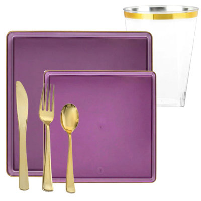Fernandes Elegant Clear with Gold Rim Square Dinner Tableware COMBO Set
