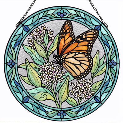 Butterfly Floral Stained Glass Window Panel，12"H