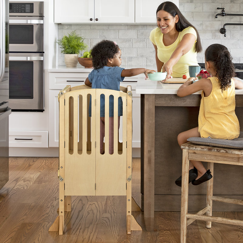 Guidecraft Contemporary Kitchen Helper Foldable Toddler Tower Stool with Anti-tip Feet and Safety Nets, Natural Wood
