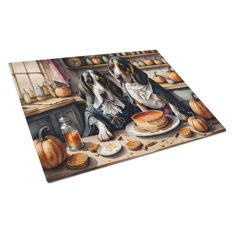 Basset Hound Fall Kitchen Pumpkins Glass Cutting Board Large