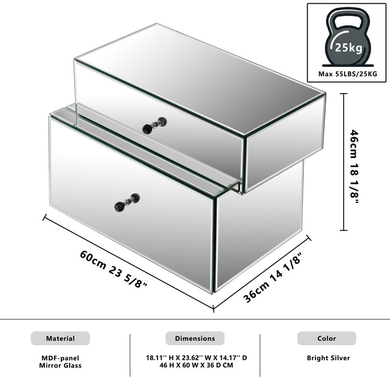  Yolanta Mirrored Asymmetric Nightstand Fully Assembled Beside Table 2-Drawer