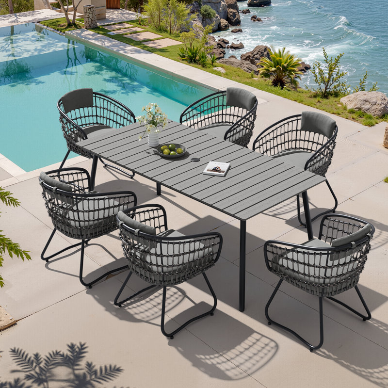 6 - Person Metal Patio Dining Set With Removable Cushions And Umbrella Hole, Gray Cushion/Dark Gray Table Top