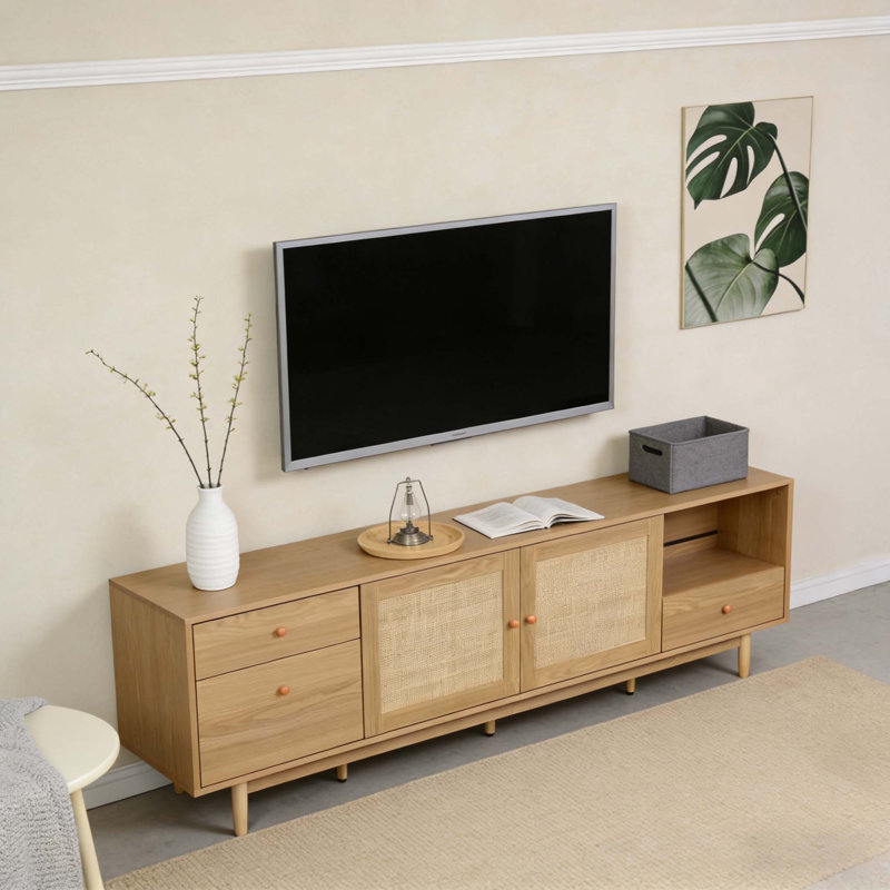 Meuble télé pour téléviseur 65, 75, 85 pouces Boho, meuble audio-vidéo avec rangement ouvert et tiroirs, console multimédia en bois avec rotin