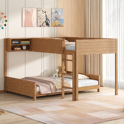 Full XL Over Full XL Wooden Bunk Bed with Built-in Storage Shelf & Ladder