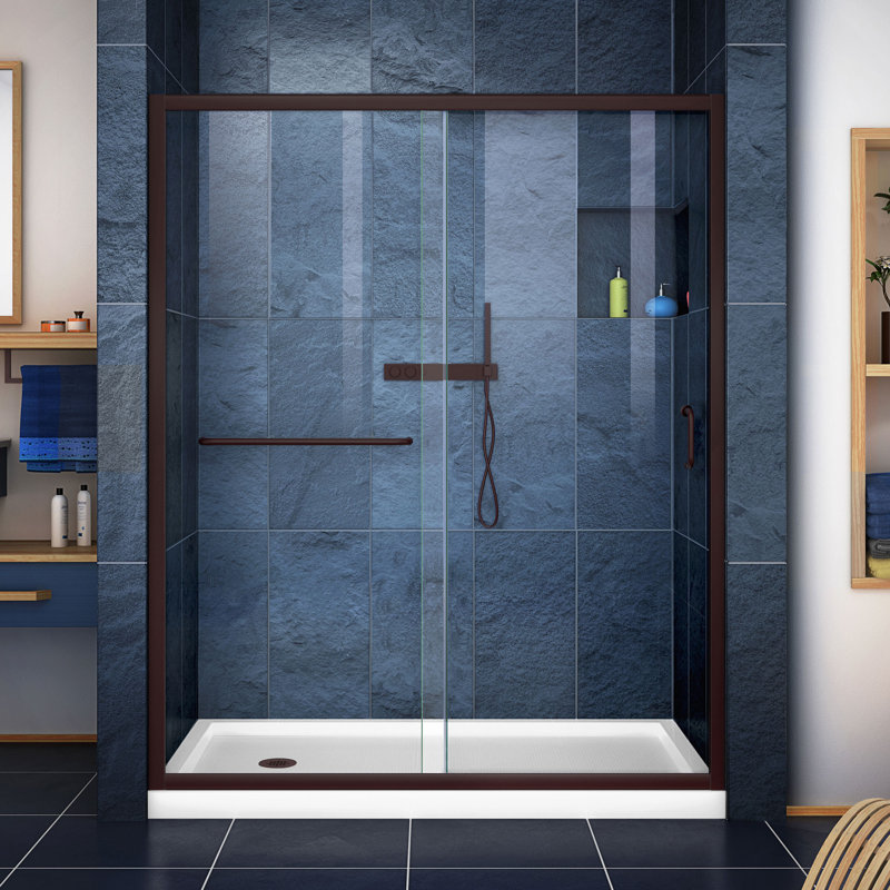 DreamLine Infinity-Z 32 inch D x 60 inch W x 74 3/4 inch H Semi-Frameless Sliding Clear Shower Door in Oil Rubbed Bronze with Left Drain White Shower Base Kit
