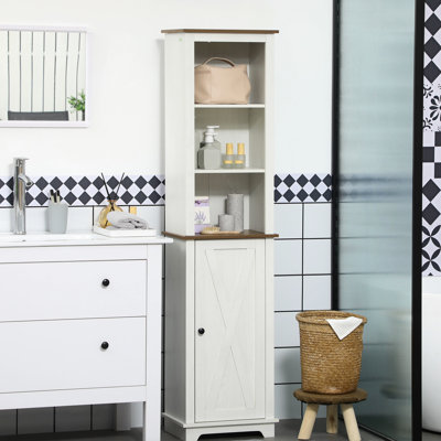 Tour de rangement blanche pour salle de bain mince avec trois tablettes ouvertes et une porte, armoire de rangement autoportante en lin pour articles de toilette, étagères pour produits d'hygiène, papier hygiénique de porte, produits de nettoyage