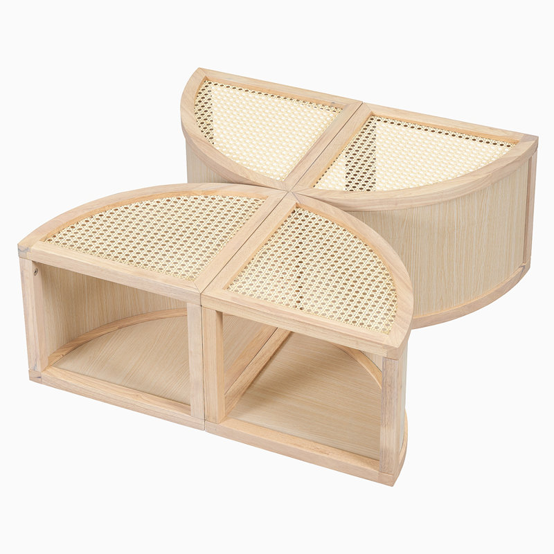 Round To Square Block Modular Coffee Table Light Natural Rattan With Storage 4 Piece