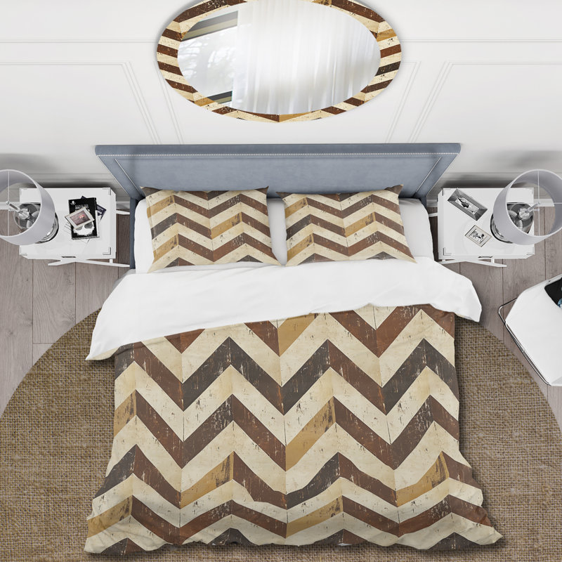 Ensemble de housse de couette Brown Chevron Glam Print III - Midcentury, Housse de couette très grand + 2 taies décorativ
