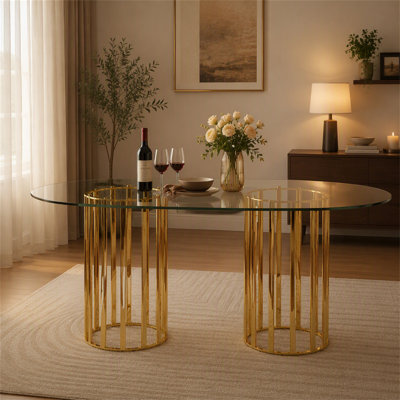 Table de salle à manger de 71 pouces en verre trempé ovale, double colonne dorée de style luxueux, verre trempé résistant aux égratignures et facile à nettoyer. Convient pour une salle à manger de 6 à 8 personnes, table de restaurant moderne de luxe légère.