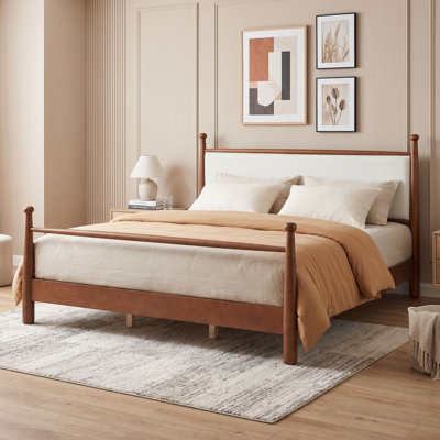 Wooden Platform Bed Frame with Upholstered Headboard and Sturdy Slats
