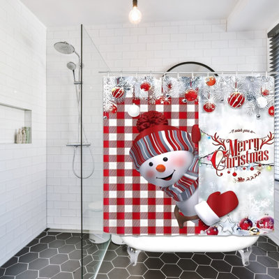 4 Piece Christmas Bathroom Set With Snowman Shower Curtain, Bath Mat, Contour Rug & Toilet Lid Cover, 70.8"70.8"