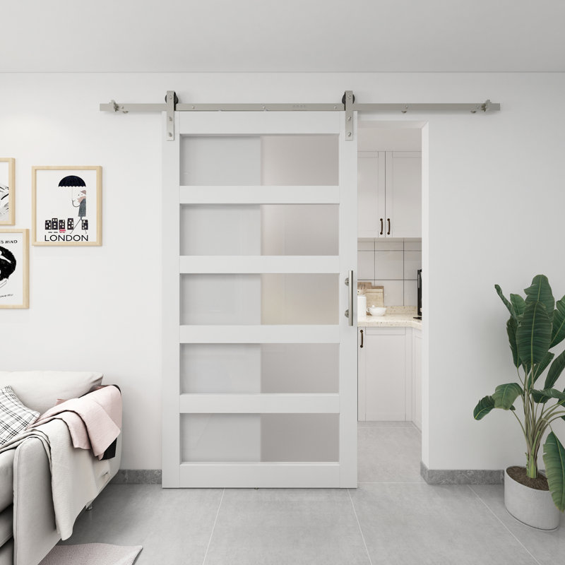 White 5-Panel Frosted Glass Sliding Barn Door with Hardware Kit