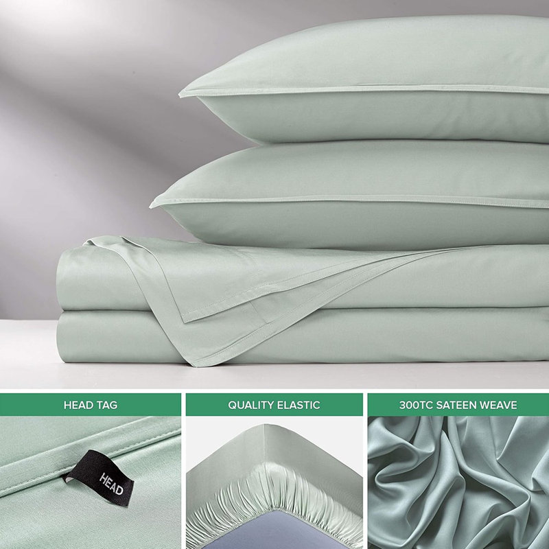 100% Organic Viscose Derived from Bamboo Queen Sheet Set, Luxuriously Soft and Cooling, Breathable Bedding with Double Stitching, Sea Glass