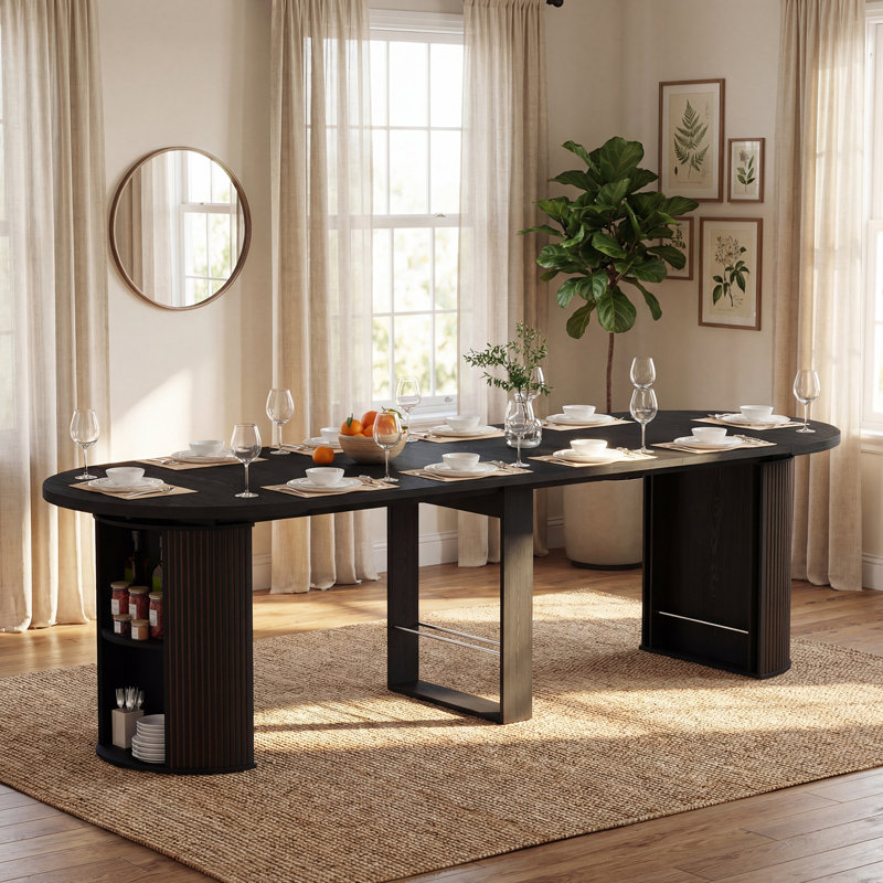 Table de salle à manger extensible 38-92 "avec tablettes de rangement latérales, Noir, noir, noir, noir