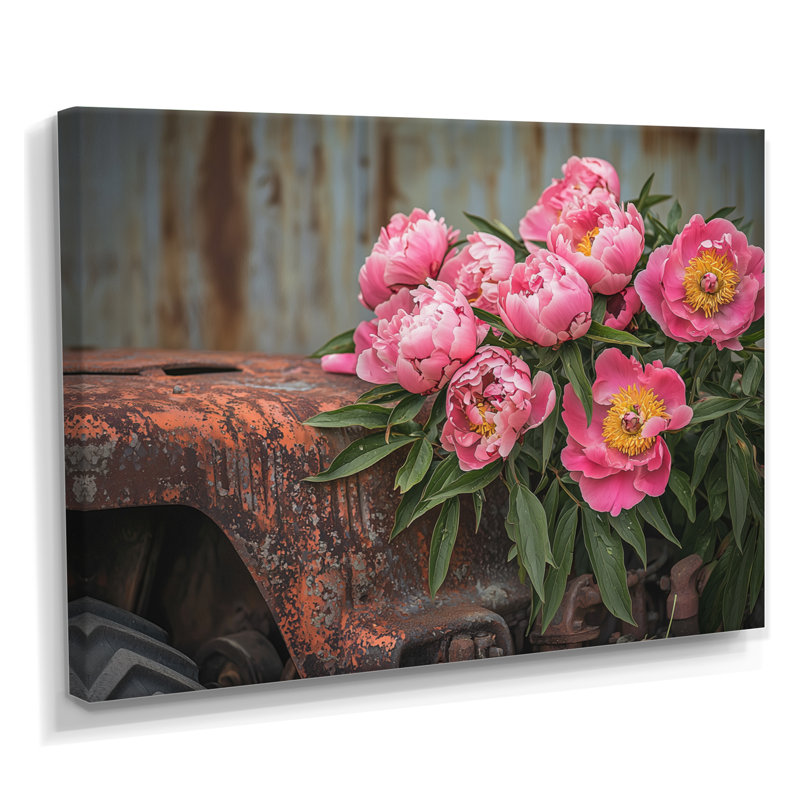Décoration murale pivoines par le vieux tracteur III - pivoines, Toile tendue, H 16 po x l 32 po, Ne s’applique pas