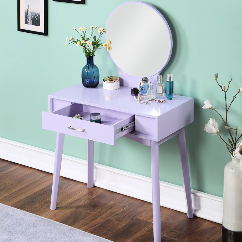 Meuble-lavabo et tabouret mauve moderne - structure en bois d'hévéa massif, table de l 31,5 po x P 16,1 po et H 30,24 po, idéal pour le rangement de maquillage