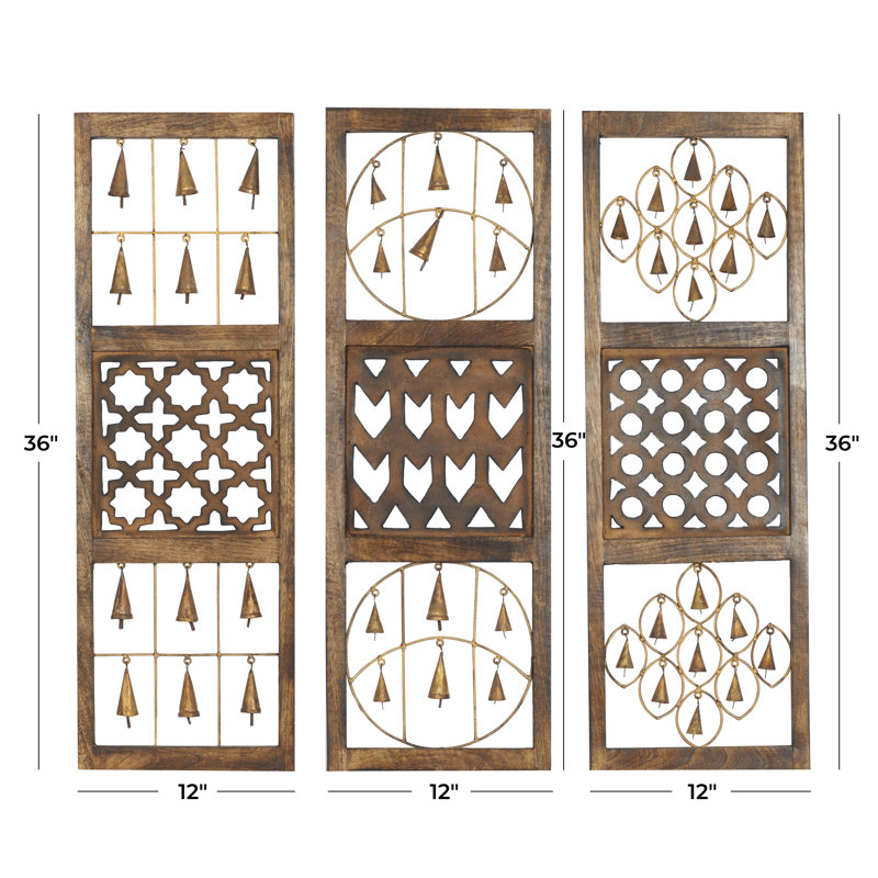 Brown Wood and Metal Bell Wall Decor Set of Three