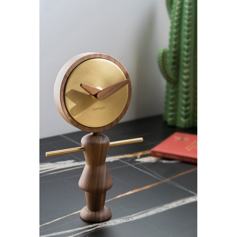 Walnut and Brass Modern Tabletop Clock with Quartz Movement