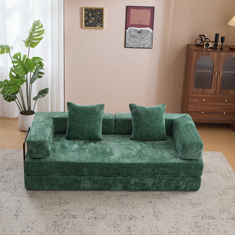 Canapé-lit convertible au sol avec coussin, support pour le dos et accoudoirs, canapé futon confortable pour le salon et la chambre à coucher, tissu chenille, vert foncé