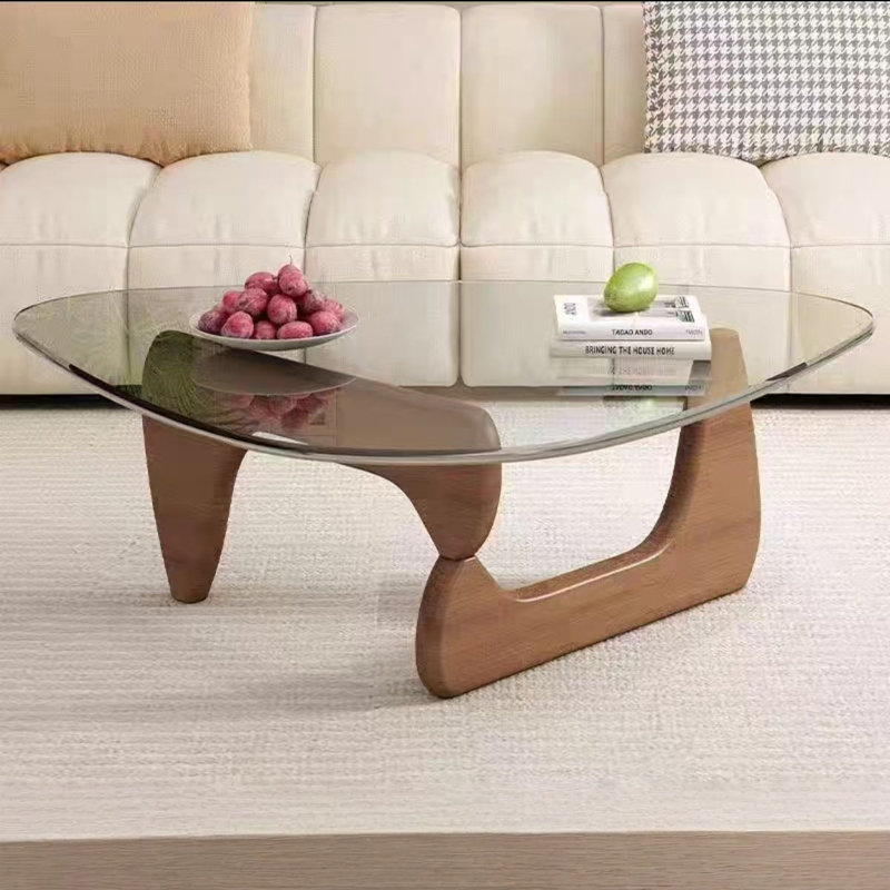 Table basse irrégulière avec plateau en verre noir et base en bois massif, Plateau transparent / base noyer