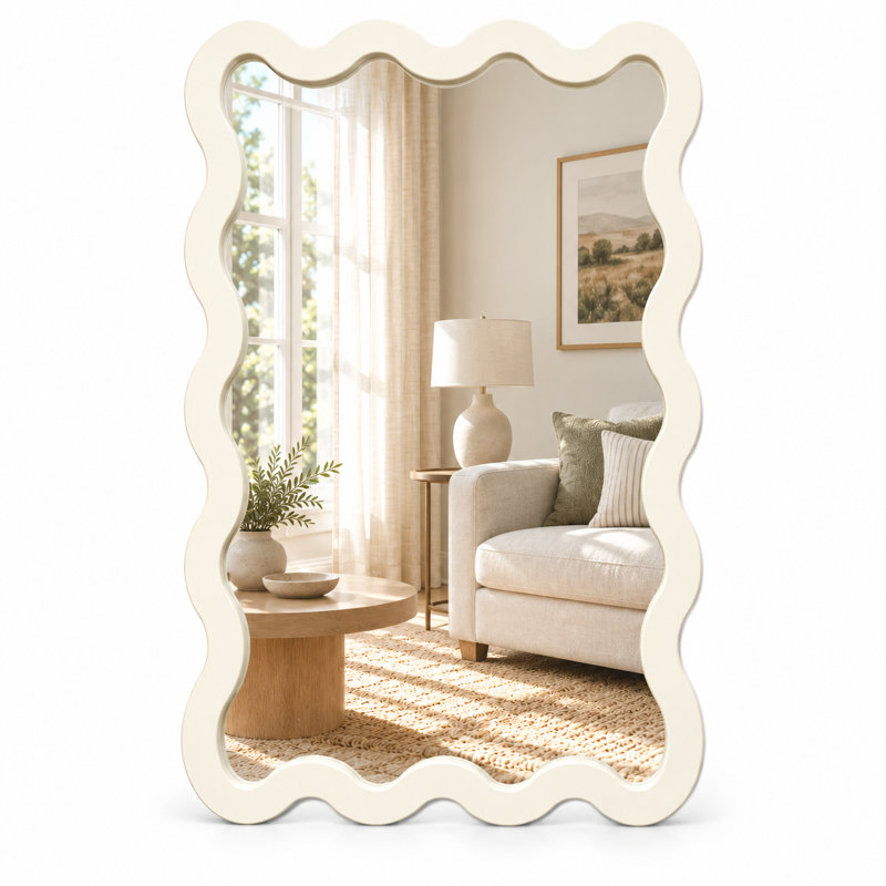 Modern Wavy Solid Wood Framed Wall Mirror for Bedroom, Entryway and Vanity, 36" x 24", Warm White