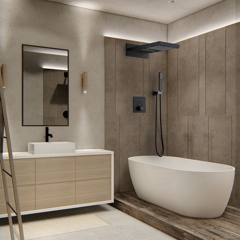 19.68"L*9.44"W 3 Functions Thermostatic Solid Brass Luxury Shower System with Rough-in Valve, Matte Black