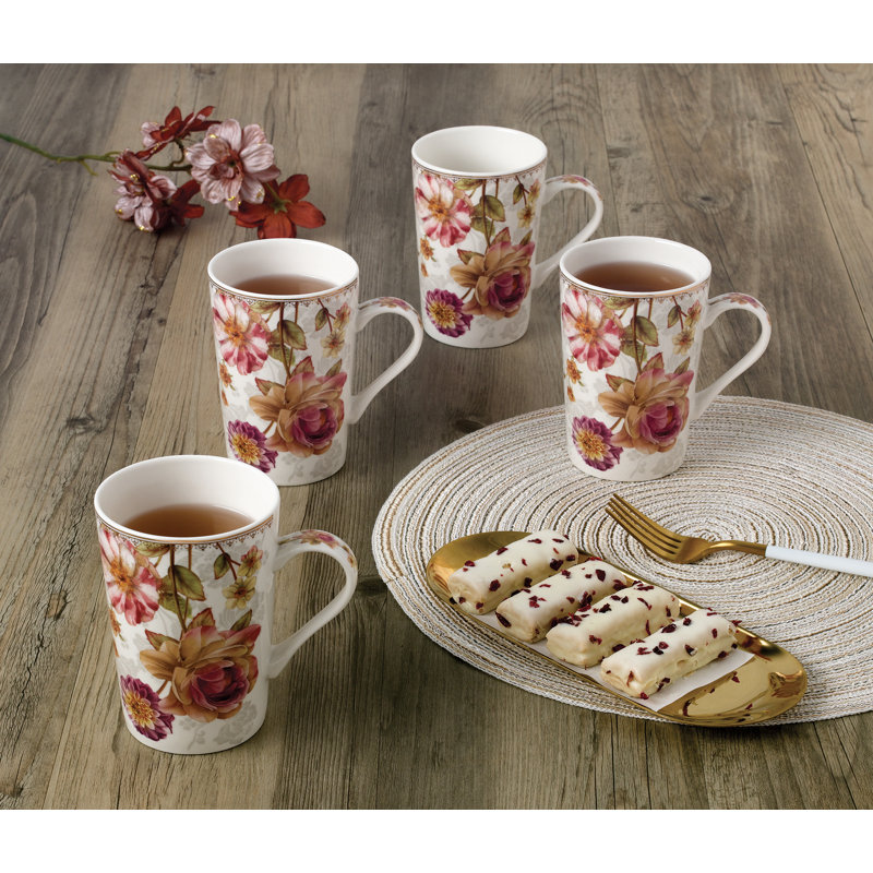Floral Pink Ceramic Tall Coffee Mugs Set
