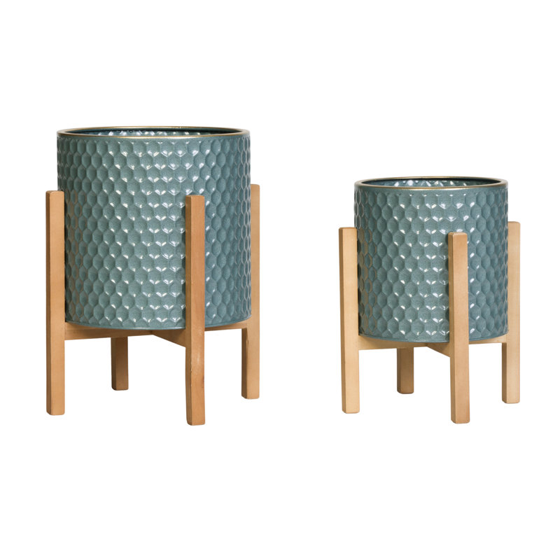 Resma  Mid Century Modern Indoor Metal Pot Planter 4-Leg Wood Base - Set