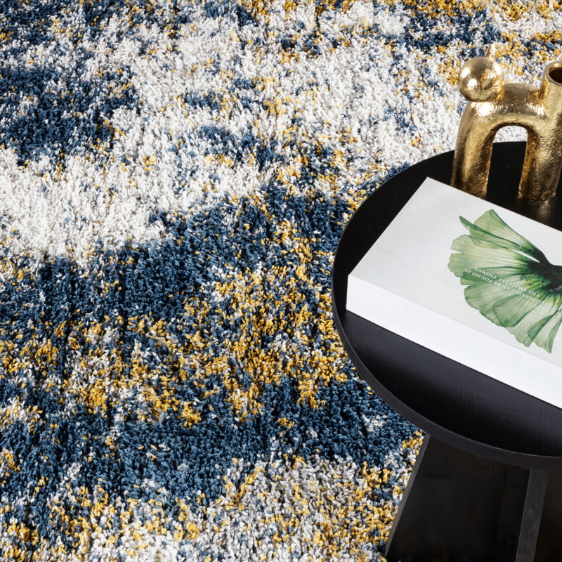 Tapis à poils longs bleu / or Ridley, Rectangle 6 pi 6 po x 9 pi 6 po