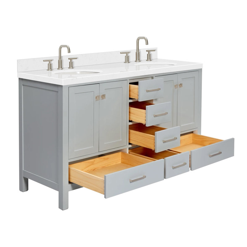 Ensemble de meuble-lavabo double 60 po , Gris / Nickel brossé, Oval