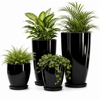 Grands pots de fleurs d'extérieur, ensemble de 4, 25/30/53/61 cm, noir lustré