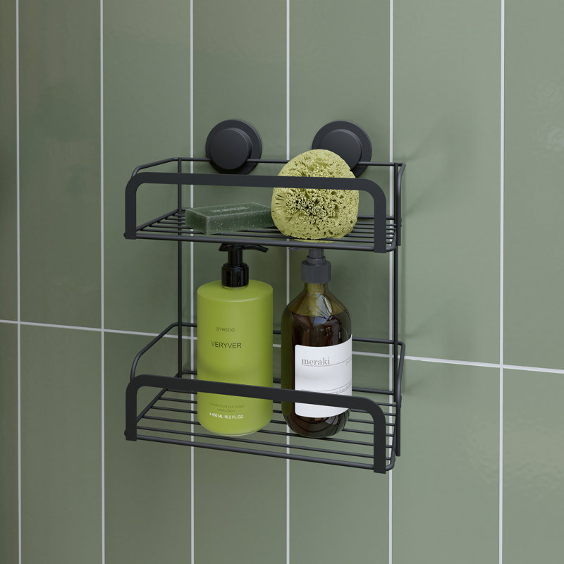 Croydex Stick 'n' Lock Adhesive Shower Caddy, Matte Black Bathroom Storage