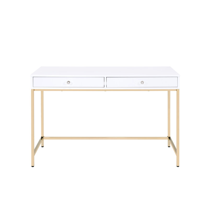 Bureau blanc ultrabrillant 2 avec accents dorés pour le style de chambre à coucher contemporain