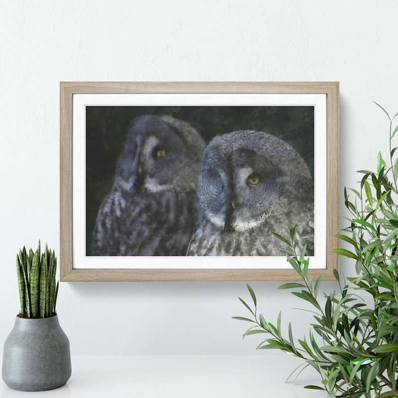 Great Grey Owls - Picture Frame Painting, Oak Framed, 27cm H x 36cm W x 2cm D